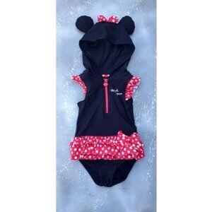 DISNEY Minnie Mouse Bathing Suit with Ears hoodie Ruffle Bottom